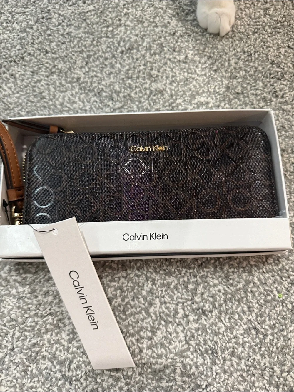 Calvin Klein Brown and Black Monogram Zip Wallet with Gold Logo